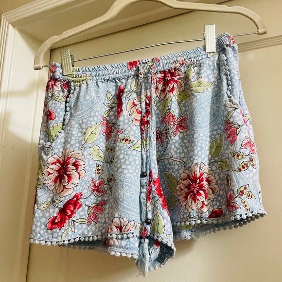 Angie Pants - Red and Light Blue Adjustable Drawstring Shorts
